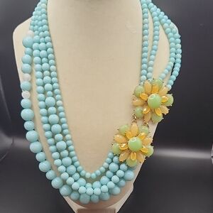 Chic Floral Multi-Strand Necklace in Blue and Yellow